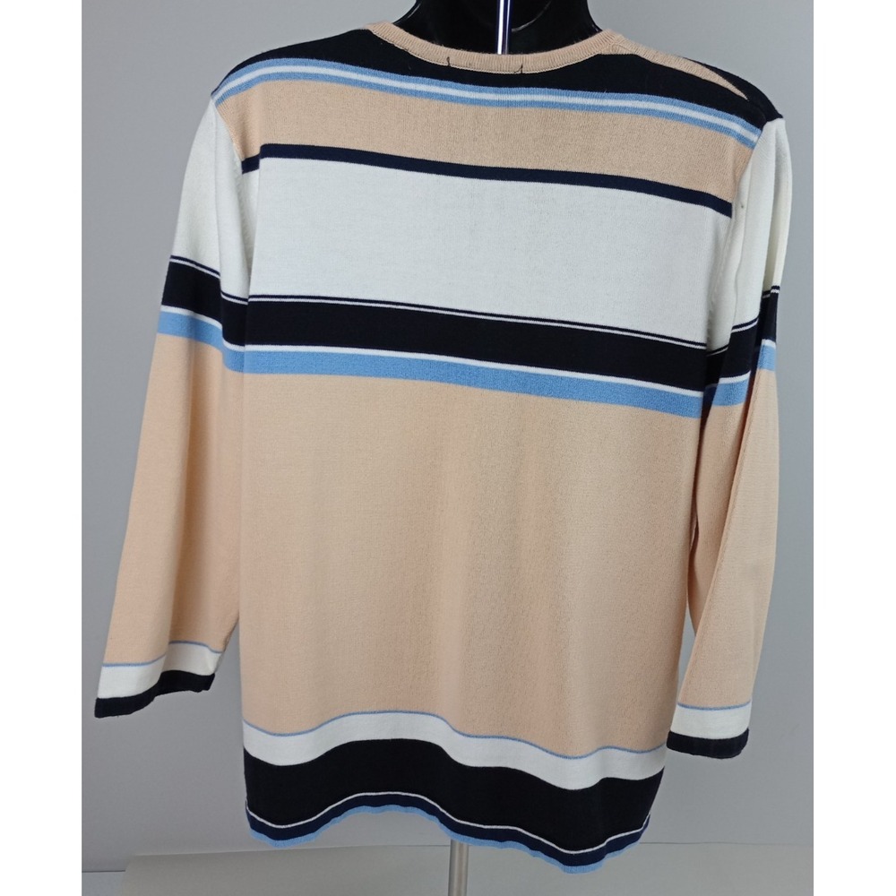 Karen Scott Women's XL Beige Black White Striped 3/4 Sleeve Sweater - Picture 2 of 5